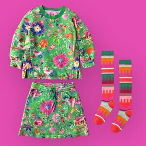 Oilily Floral Sweatshirt, Skirt, High Socks Outfit Size 104 ( 4 years) Green
